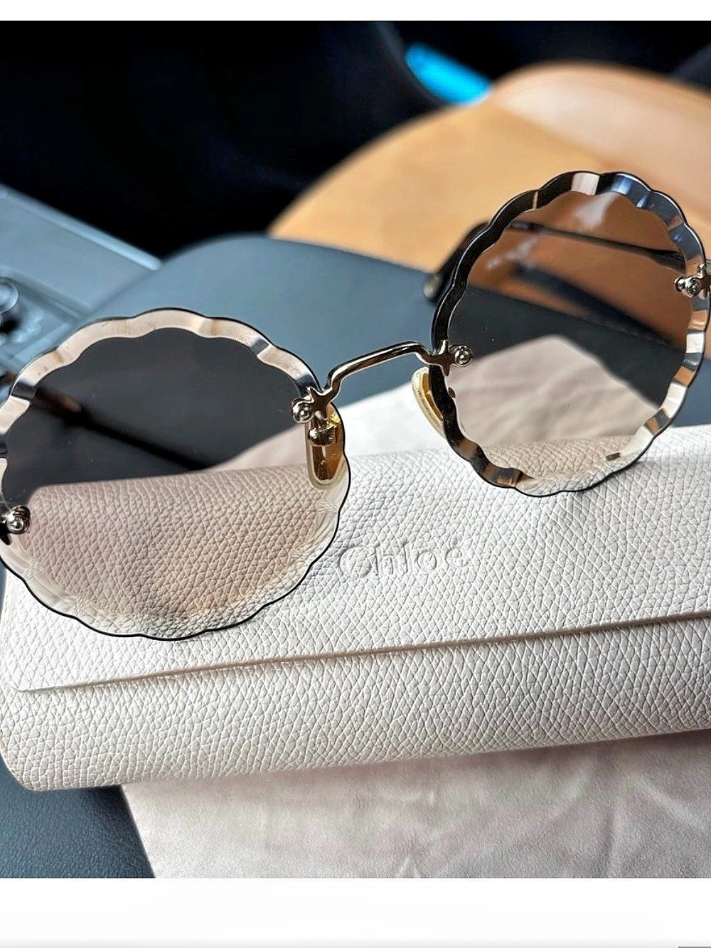 Chloé Rosie Scalloped Round Sunglasses CH0047S in Brown & Gold